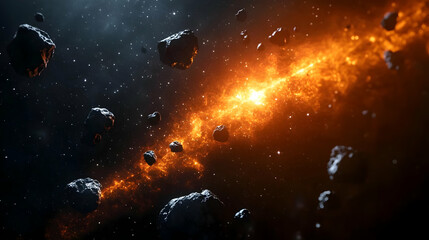 Wall Mural - asteroids and fiery nebula in space.