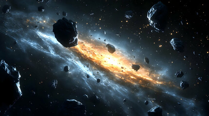 Asteroids fly through a swirling galaxy with an orange and blue nebula.
