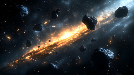 Wall Mural - asteroids flying past a glowing galaxy.