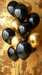 Elegant black and gold balloons float against a textured golden background, creating a luxurious and festive atmosphere for celebrations or events.