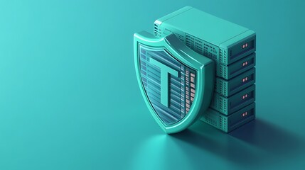 Poster - 3D illustration of servers protected by a shield symbolizing data security and protection in a digital environment.