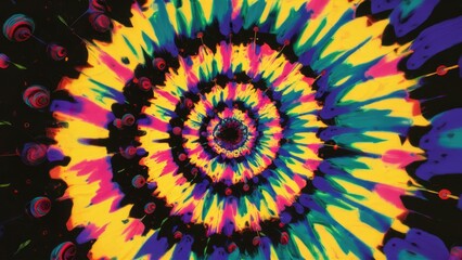 Poster - Colorful Tie-Dye Optical Illustration with Spiral Pattern. Abstract Textile Design Featuring Bright Fluid Effects and Dark Ikat Psychedelic Elements.