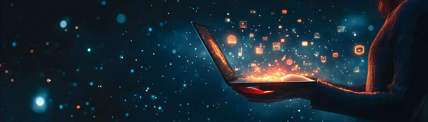 Fototapete - Person with Magic Laptop and Floating Tech Icons concept as A person holding a magic laptop with floating tech icons set against a clean background providing space for text or graphics symbolizing IT 