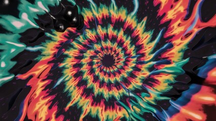 Poster - Colorful Tie-Dye Optical Illustration with Spiral Pattern. Abstract Textile Design Featuring Bright Fluid Effects and Dark Ikat Psychedelic Elements.