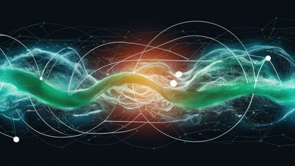 Aufkleber -  Conceptual illustration of interconnected networks with a green wave on a dark background. Digital interface and cloud computing security graphics.