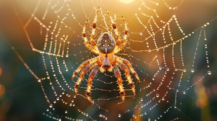 Wall Mural - Spider in Web With Dew Drops at Sunrise