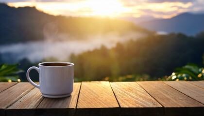 A coffee mug in the morning, beautiful sunrise 