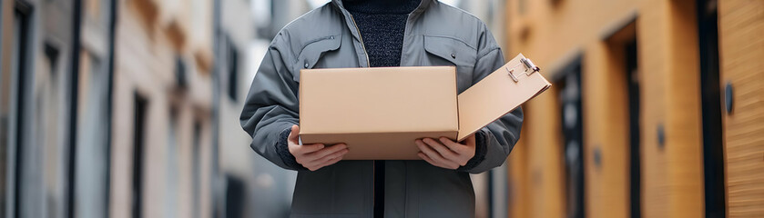 Fototapete - Person with Delivery Box and Clipboard for Courier Service concept as A person holding a delivery box and clipboard set against a clean background offering ample space for text or graphics symbolizing