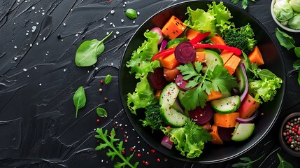 A dark plate filled with a mix of roasted root vegetables including carrots, beets, and sweet potatoes, served cold, photographed from above on a dark wooden table,