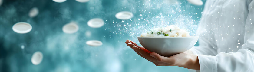 Fototapete - Person with Magic Oven and Floating Dishes concept as A person holding a magic oven with floating dishes set against a blank background offering space for text or graphics symbolizing catering service