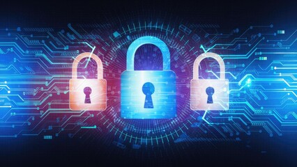 Poster - cybersecurity and personal data protection concept. digital padlocks on abstract tech background. mo