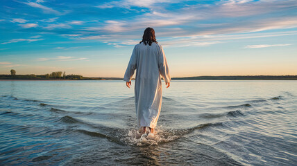 Back view of Jesus walking on water during daytime, representing faith and miracles, with a serene and powerful scene highlighting a divine moment