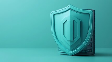 Poster - 3D rendering of a security shield on teal background representing protection, cybersecurity, and data privacy. Conceptual image.