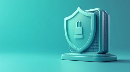 Poster - 3D rendering of a teal security badge with a lock symbol, representing cybersecurity, data protection, and privacy on a matching teal background.