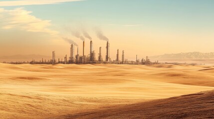 A desert landscape with mirage-like oil refineries, highlighting the illusion and uncertainty in predicting oil prices. [oil price], [uncertainty] 