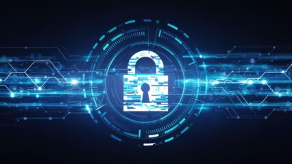 Poster - digital interface concept featuring a padlock symbolizing data security against a dark background.