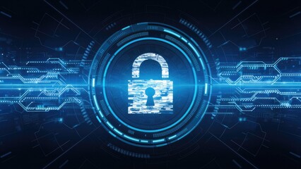 Poster - digital interface concept featuring a padlock symbolizing data security against a dark background.