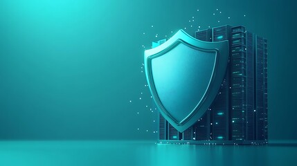 A digital shield symbolizes cybersecurity protection for server data in a futuristic blue-toned background, representing online safety.