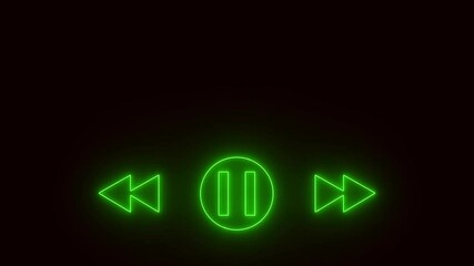 Neon line music sign animation on the black background. Music timeline or video track player icon. Neon Glowing Video Play, Go Back and Forward Icon Animation In Black Background.