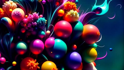 Wall Mural - abstract vibrant colorful background with flowing wave, liquid fantasy world, fluid ink, sphere balls bubbles, 3d iridescent splash paint design. looped animation. seamless footage.