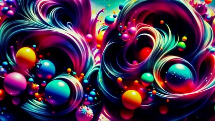 Wall Mural - abstract vibrant colorful background with flowing wave, liquid fantasy world, fluid ink, sphere balls bubbles, 3d iridescent splash paint design. looped animation. seamless footage.