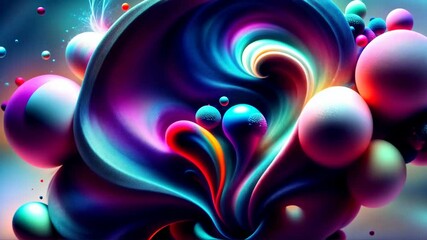 Wall Mural - abstract vibrant colorful background with flowing wave, liquid fantasy world, fluid ink, sphere balls bubbles, 3d iridescent splash paint design. looped animation. seamless footage.