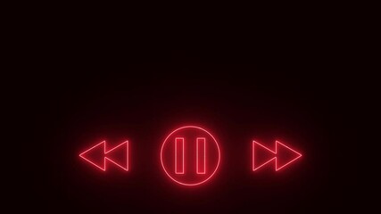 Neon line music sign animation on the black background. Music timeline or video track player icon. Neon Glowing Video Play, Go Back and Forward Icon Animation In Black Background.