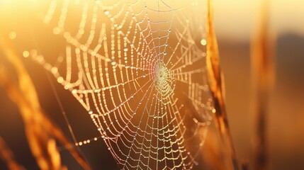 Sticker - Spiderweb with Dewdrops at Sunrise