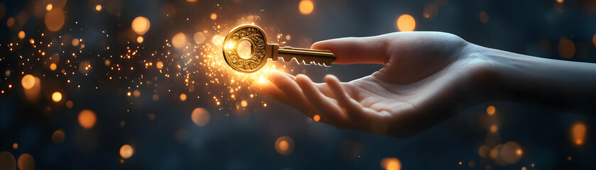 Fototapete - Person with Magic Key and Floating Locks concept as A person holding a magic key with floating locks set against a blank background offering space for text or graphics symbolizing locksmith service de