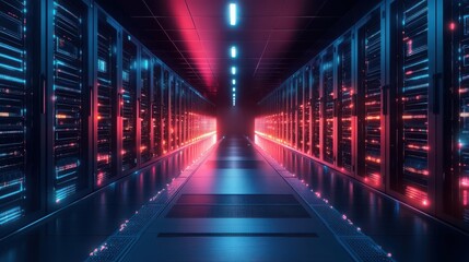 Poster - A futuristic data center hallway illuminated with vibrant blue and red lights, showcasing high-tech servers and modern infrastructure.
