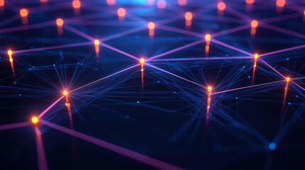 Poster - An abstract representation of a digital network, featuring interconnected glowing nodes and blue lines symbolizing data flow and communication.
