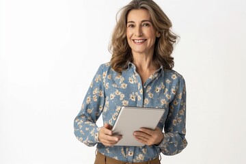 Wall Mural - Mature businesswoman smiling, holding a notebook, showcasing digital technology in a professional setting.