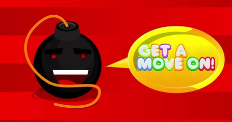 Poster - Cartoon Black Bomb. Explosives with Get a move on! text. Animated video.