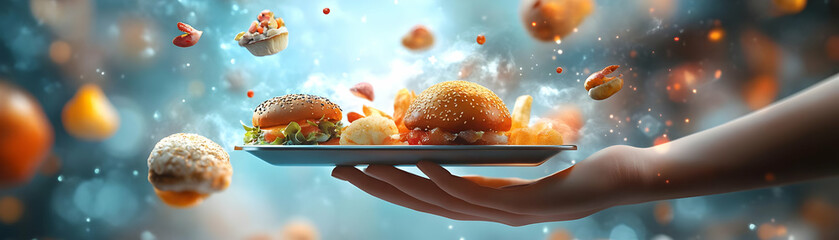 Fototapete - Person with Magic Tray and Floating Food concept as A person holding a magic tray with floating food items set against a clean background providing space for text or graphics symbolizing food delivery