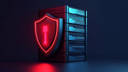 Poster - Cyber security concept with a glowing shield on a server rack, representing data protection and online safety in a dark background.