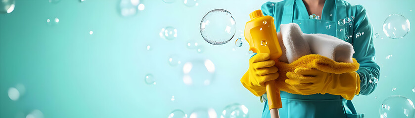 Fototapete - Person with Magic Broom and Floating Cleaning Supplies concept as A person holding a magic broom with floating cleaning supplies set against a blank background offering space for text or graphics symb