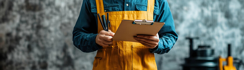 Fototapete - Person with Clipboard and Tools for Maintenance Service concept as A person holding a clipboard and tools set against a clean background offering space for text or graphics symbolizing the organizatio