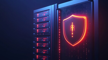 Poster - Cybersecurity data center with shield icon illuminated, representing protection against viruses and data threats in a dark environment.