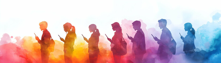 People with Watercolor Conference Calls and Smartphones concept as A group of people engaged in watercolor conference calls with smartphones set against a fantastical background offering ample space f