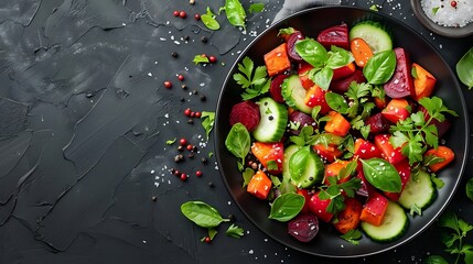 An artistic shot of a dark plate filled with roasted root vegetables including carrots, beets, and sweet potatoes, served cold, set against a dark background,