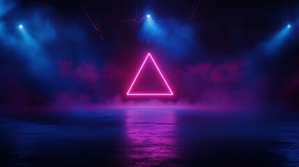 Poster - Vibrant neon triangle glowing in a dark foggy atmosphere, set against a background of blue and purple lights, creating a futuristic ambiance.