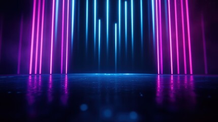 Poster - Vibrant neon lights in blue and pink creating a futuristic backdrop with a reflective floor, perfect for modern design and tech themes.
