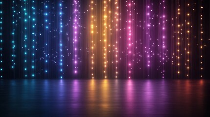 Leinwandbilder - Vibrant multicolored light backdrop with sparkling vertical lines, creating a mesmerizing and festive atmosphere on a dark reflective surface.