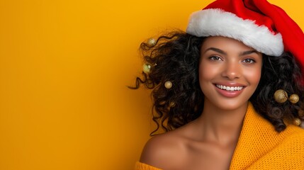 Wall Mural - A woman with curly hair is wearing a red Santa hat and smiling. She is standing in front of a yellow background