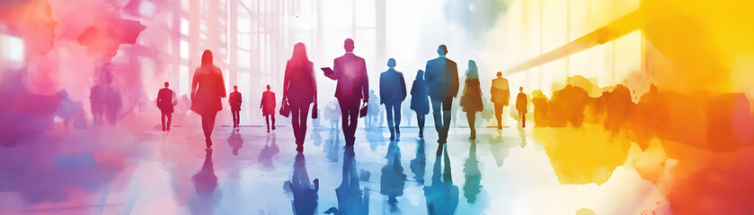 Poster - People with Watercolor Business Plans and Laptops concept as A group of people developing watercolor business plans with laptops set against a whimsical background offering ample space for text or gra