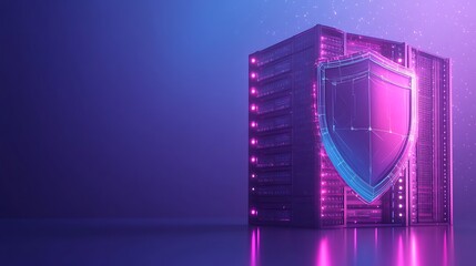 Digital data security server with glowing shield on abstract background, representing cyber protection and secure information storage.