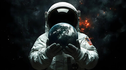 astronaut holds earth in front of his face against a starry sky.