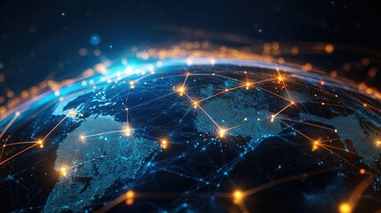 Poster - Digital globe surrounded by network connections representing global communication, with vibrant light trails connecting different continents