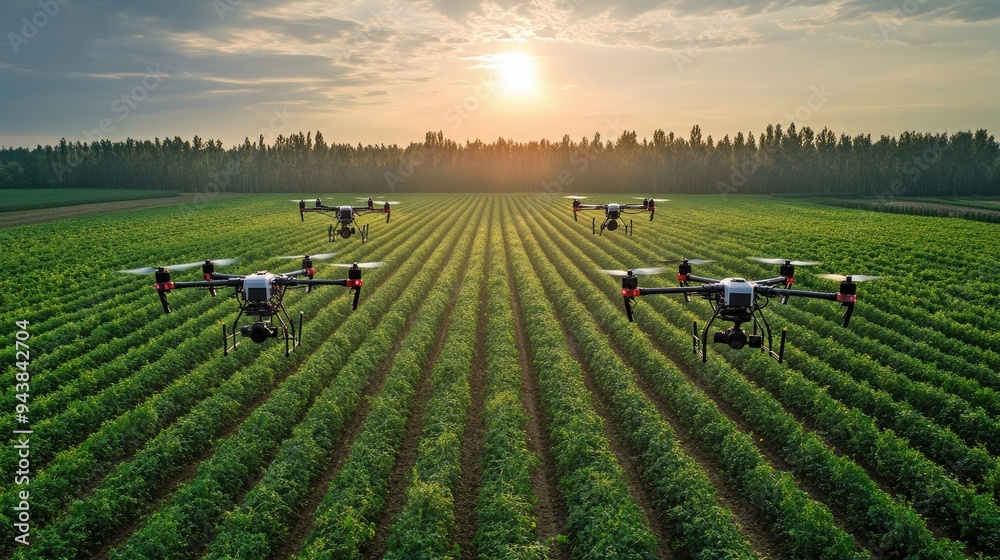 Multiple drones working in coordination over a large farm, collecting ...