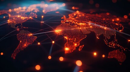 Fototapete - Global network visualization showing interconnected continents and data exchange represented by glowing nodes and lines on a digital map.